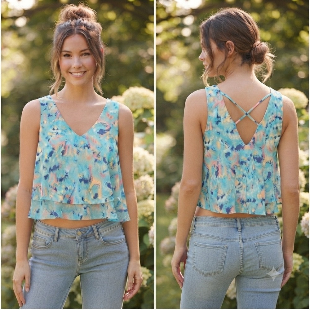 Boho Chic Tiered Camisole Vibrant Abstract Print Flowy Crop Top Strappy Back S